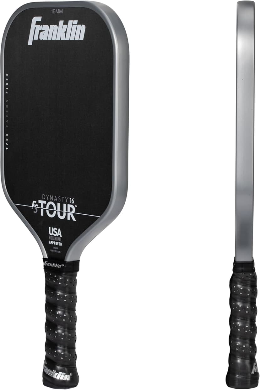 Franklin Sports Pro Pickleball Paddles - FS Tour Series Raw Carbon Fiber T700 - USA Pickleball Approved - Unibody Epoxy Resin Injected Edge - Dynasty + Tempo - 14mm/16mm Core - Gray, Blue + Pink