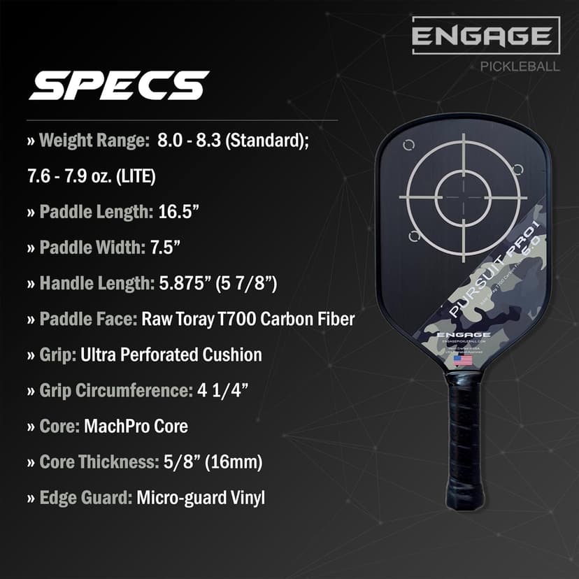 Engage Pursuit Pro1 6.0 Pickleball Paddle - Raw T700 Toray Carbon Fiber for Extreme Spin - MachPro Core for Maximum Power & Control