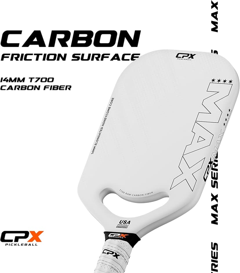 CPX MAX Series Raw Carbon Fiber T700 Pickleball Elongated Paddle Racket - Professional Grade, 14mm Core Thickness, Comfortable Tennis Style Grip - Durable Pickleball Paddle Designed in Chicago, USA