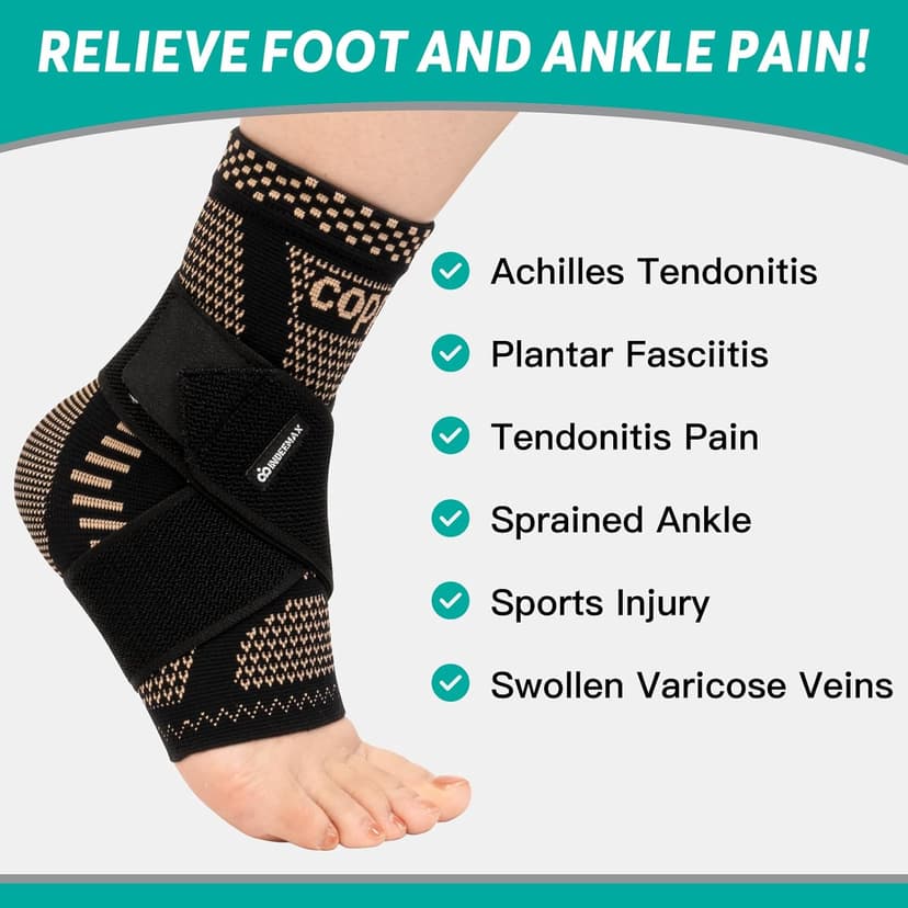 INDEEMAX Ankle Brace for Women & Men, Ankle Compression Sleeve Support Copper Infused Ankle Brace for Sprained Ankle, Plantar Fasciitis Sports, Achilles Tendonitis Pain Relief, Copper Black, M