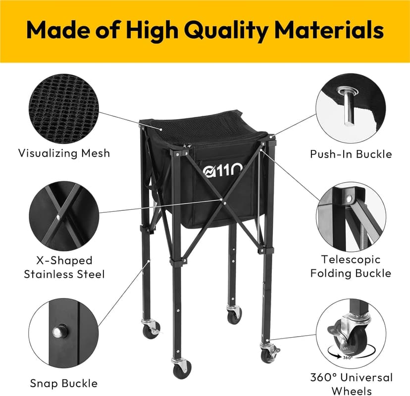 A11N Pickleball Tennis Ball Hopper - Sturdy Large Capacity Tennis Ball Basket Holds 120 Balls, Upgraded Pickleball Caddy Practice Equipment/Multifunction Pockets and Wheels for Training/Teaching