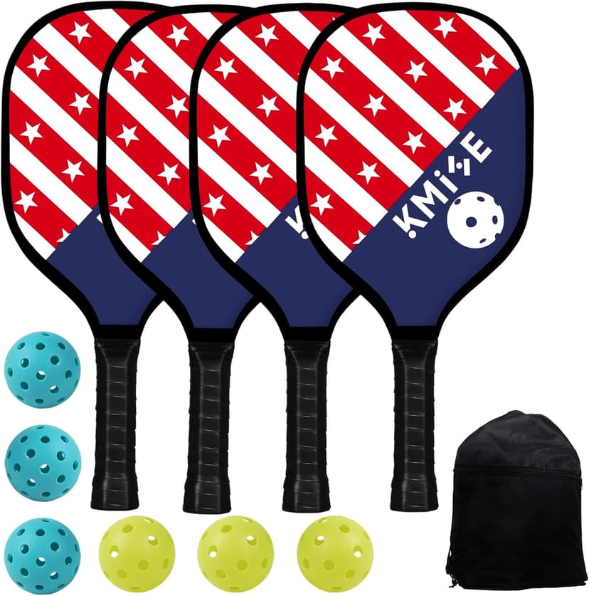Kmise Pickleball Paddles Set of 4, 7.8oz Lightweight 9-ply Premium Wood Pickleball Racquet with 6 Indoor Outdoor Balls and Bag, Ergonomic Cushion Grip Pickleball Paddles Gifts for Men Women