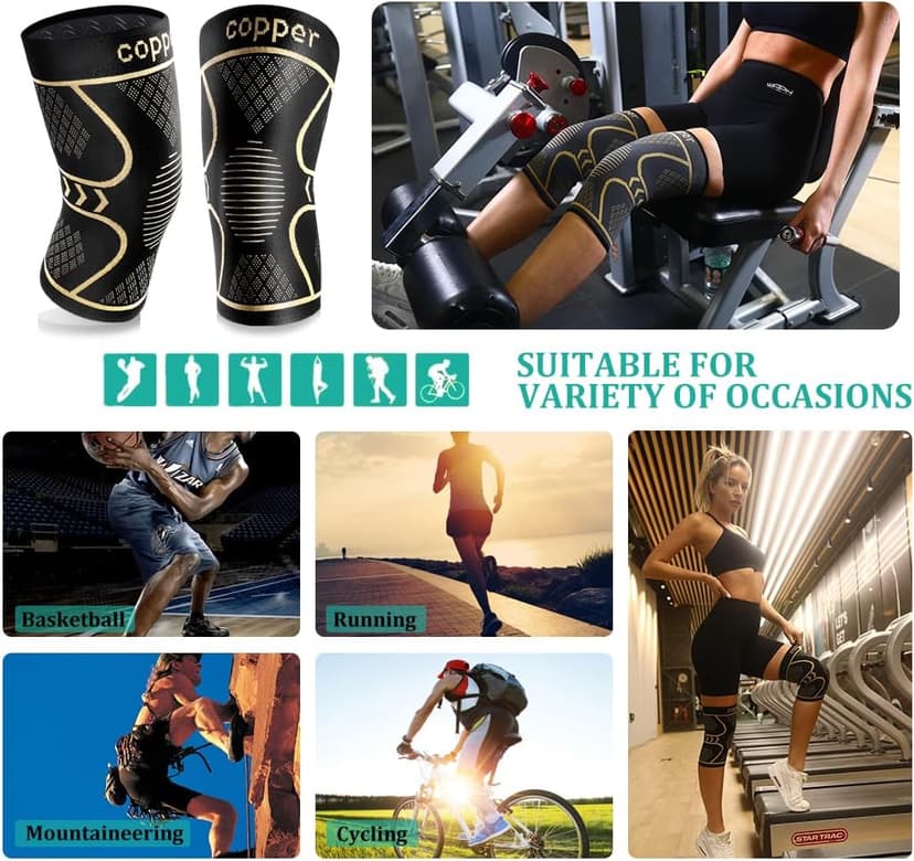 Copper Knee Braces for Women and Men 2 Pack, Knee Compression Sleeve for Knee Pain, Arthritis,ACL, Meniscus Tear, Joint Pain Relief, Knee Support for Running, Working Out, Fitness, Weightlifting-M