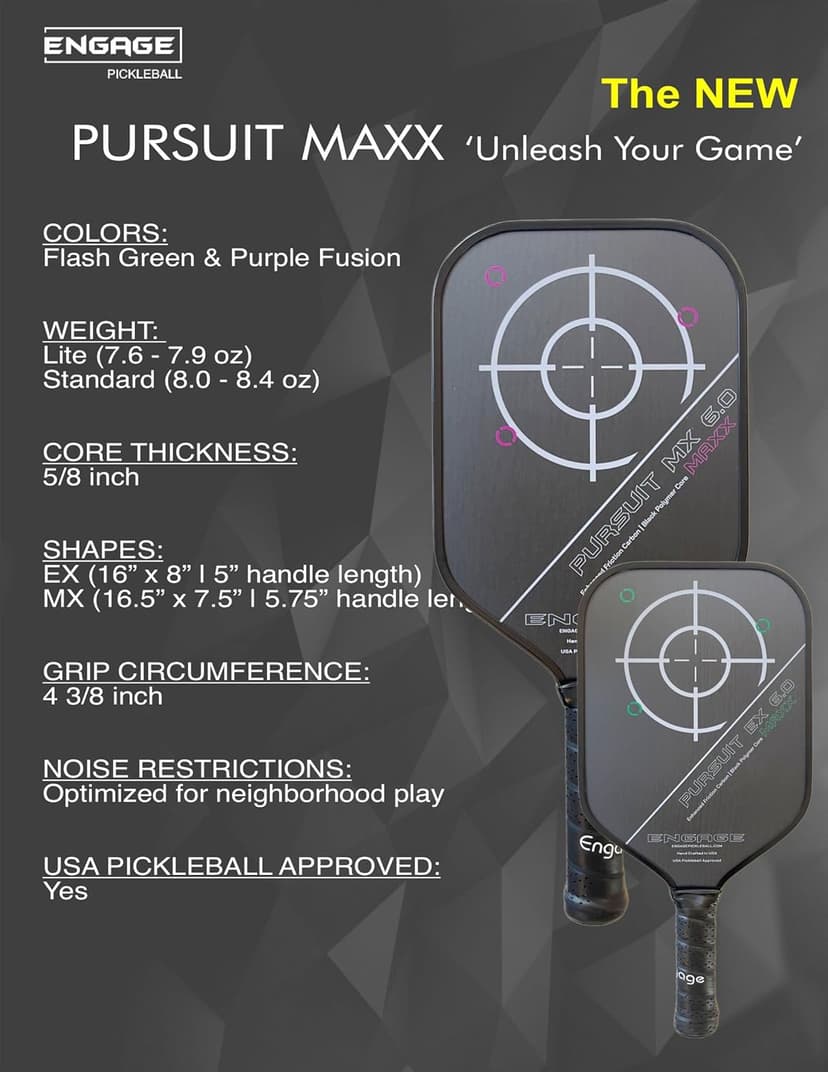 Engage Pickleball Pursuit MAXX MX 6.0 Carbon Fiber Paddle, Elongated Shape, Enhanced Friction Carbon, 5/8" Thick Core with Control Pro 'Black' Technology