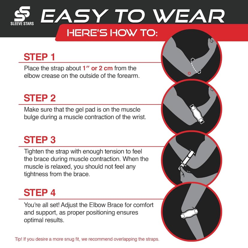 Sleeve Stars Tennis Elbow Brace for Women - Adjustable Tennis Elbow Strap, Golfers Elbow Brace for Men, Counterforce Brace for Tennis Elbow for Tendonitis Relief, Fits 9"-23" (Single/Black)