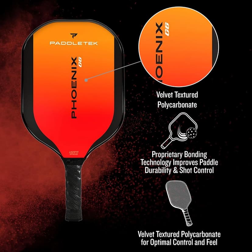 Paddletek Phoenix G6 Pickleball Paddle | Professional Pickleball Paddles with Honeycomb Core, Polycarbonate Surface, Graphite PolyCore & High Tack Performance Grip | USAPA Approved
