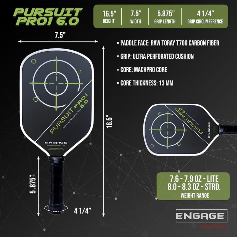Engage Pursuit Pro1 6.0 Pickleball Paddle - Raw T700 Toray Carbon Fiber for Extreme Spin - MachPro Core for Maximum Power & Control
