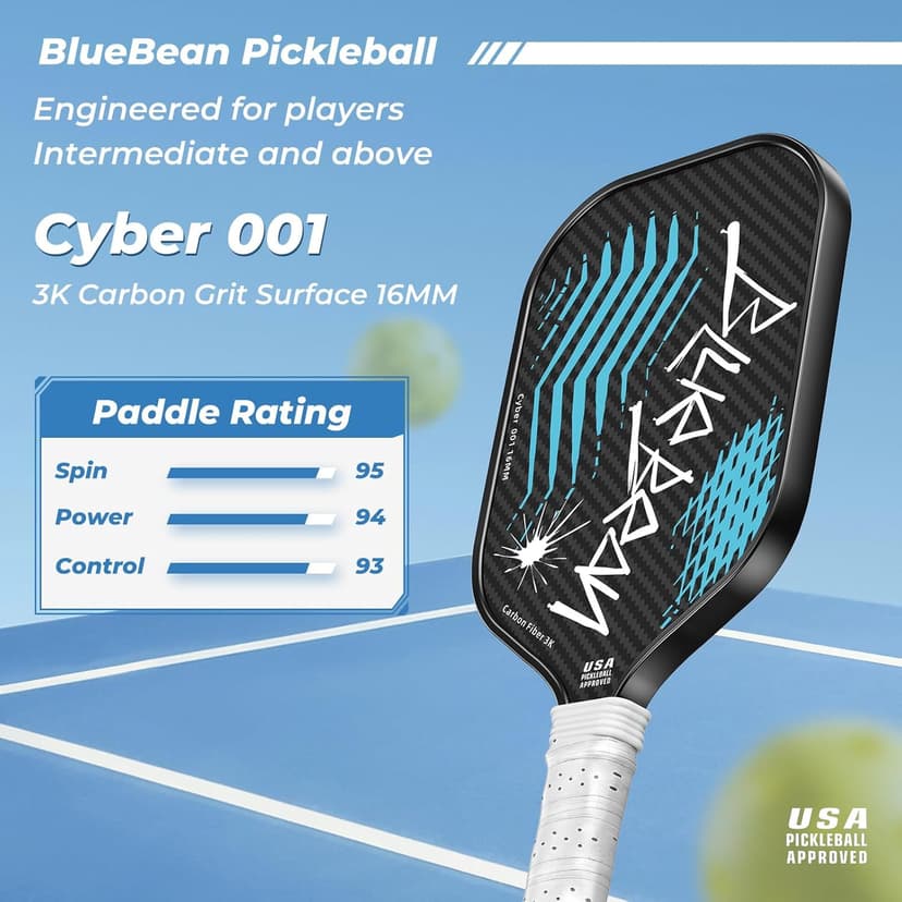 Pickleball Paddles,USA Pickleball Approved,Carbon Fiber Pickleball Paddle with 16MM Polymer Honeycomb Core Provides Lighter Weight&Higher Grit&Spin,Engineered for Professional Players,BlueBean