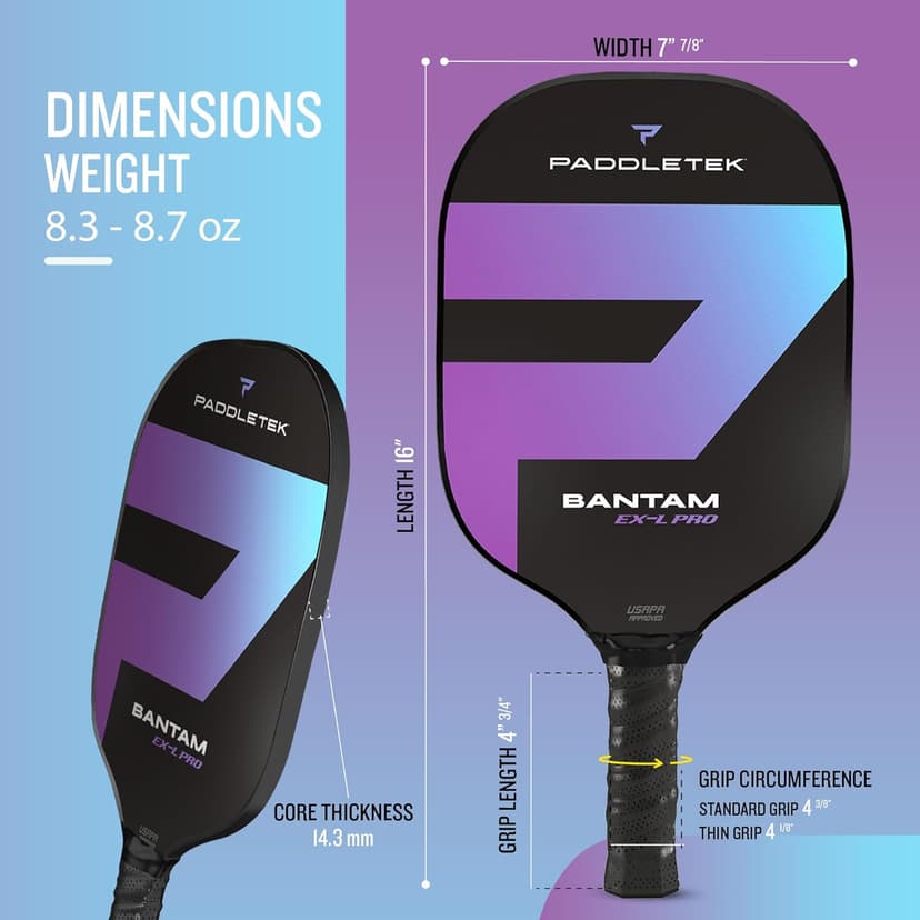 Paddletek Bantam EX-L Pro Pickleball Paddle | Professional Pickleball Paddles with Honeycomb Core, Velvet Textured Polycarbonate Surface, Bantam SRT Core & High Tack Performance Grip | USAPA Approved