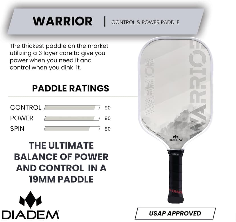 Diadem Warrior Pickleball Paddle | Carbon Fiber Face, 3X L-Core Hybrid Nomex Polymer Honeycomb Core, Grit Paint Surface for Spin, Control and Power | Indoor/Outdoor | USAPA Approved