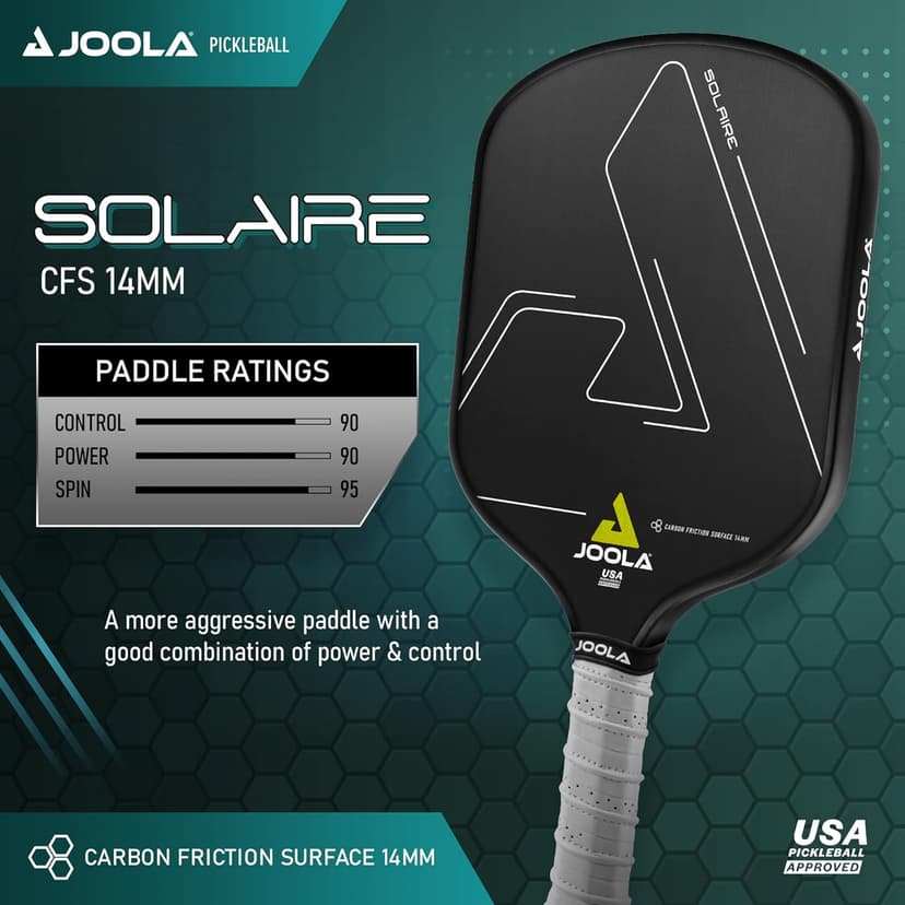 JOOLA Solaire Professional Pickleball Paddle with Carbon Friction Surface - Ideal Combination of Spin, Power, & Control - Pickleball Racket with Reactive Polypropylene Honeycomb Core 14mm