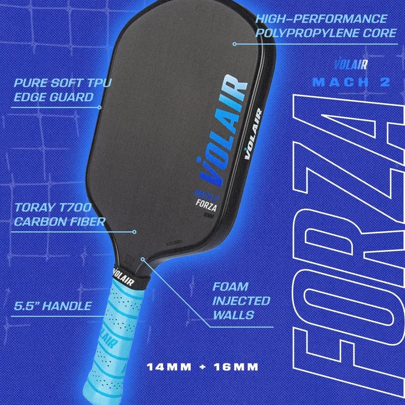 Mach 2 Forza Paddle - Toray T700 Carbon Fiber Surface - Thermoformed - Foam Injected - Spin, Power, & Control - w/Headcover, Eraser, Extra Black Grip, Extra Paddle Neck Band, & Sticker