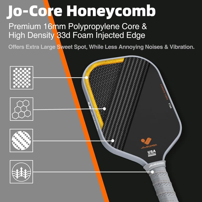 Pickleball Paddles, Carbon Fiber Pickleball Paddle with a 16mm Shark Power Polymer Core, The Pickleball Rackets Designed for Ultimate Spin & Consistency