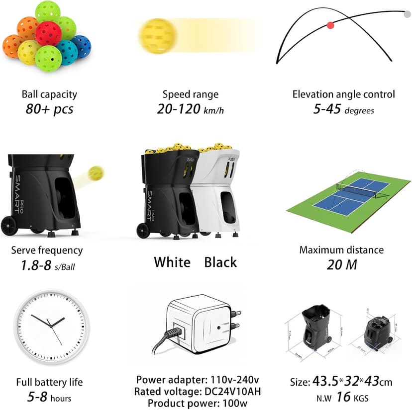 PP Smart PRO Pickleball Machine - 85+ Ball Capacity, 4-6hr Battery, 20-120km/h Speed, 26M Range, App & Remote Control, 5-45° Angle - Perfect for Training, Club & School Coaching
