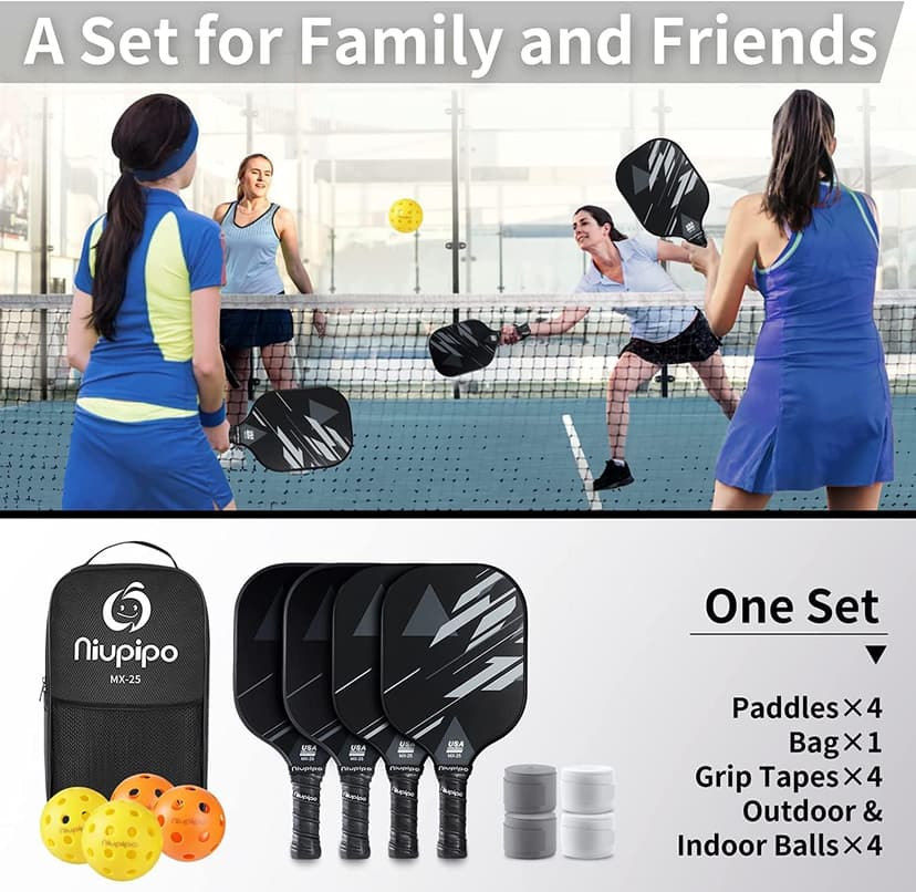 niupipo Pickleball Paddles Set of 2/4, USAPA Approved Lightweight Pickleball Rackets, Durable Fiberglass Surface with Polypropylene Honeycomb Core, Cushion Grip and Carry Bag