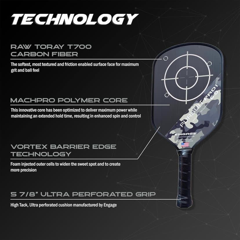 Engage Pursuit Pro1 6.0 Pickleball Paddle - Raw T700 Toray Carbon Fiber for Extreme Spin - MachPro Core for Maximum Power & Control