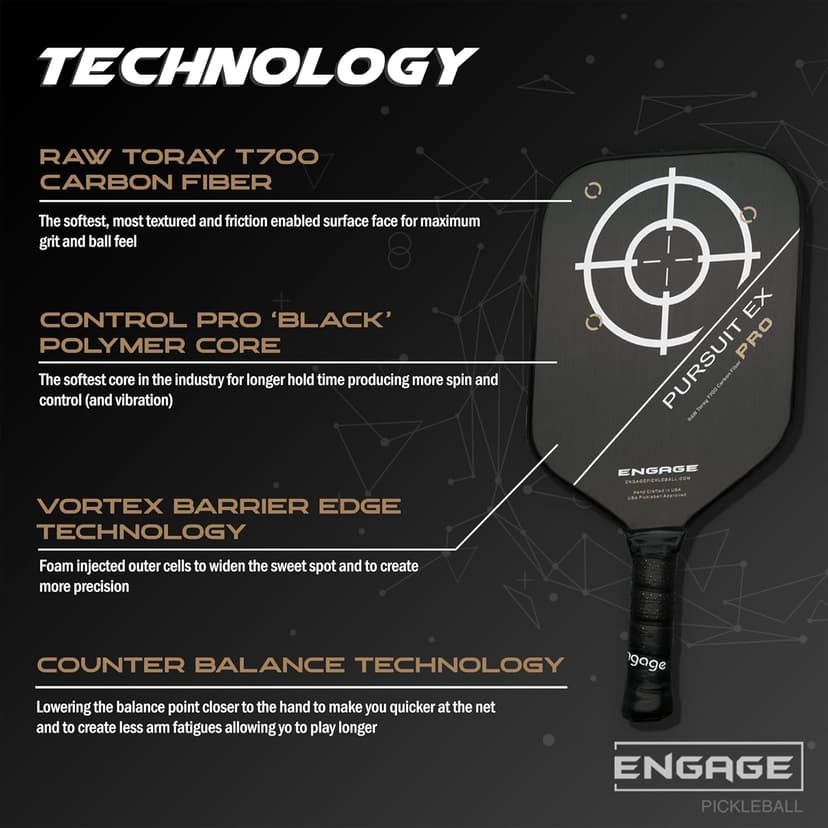 Engage Pursuit Pro EX Pickleball Paddle – Widebody Shape, Raw T700 Toray Carbon Fiber Face, 13mm Control Pro “Black” Core, Vortex Barrier Edge Technology Limits Vibration