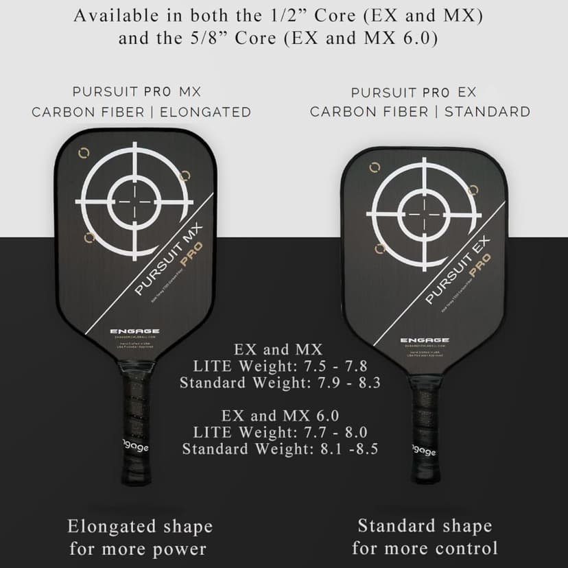 Engage Pursuit Pro EX Pickleball Paddle – Widebody Shape, Raw T700 Toray Carbon Fiber Face, 13mm Control Pro “Black” Core, Vortex Barrier Edge Technology Limits Vibration