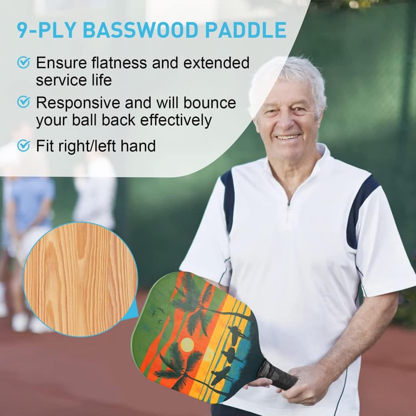 Pickleball Paddles Set of 4 with 4 Premium 9-Ply Basswood Paddles & 4 Pickleballs & 2 Handle Grips Tape & 2 Pickleball Belts & Carry Bag for Beginners Men Women Adults(New Version)