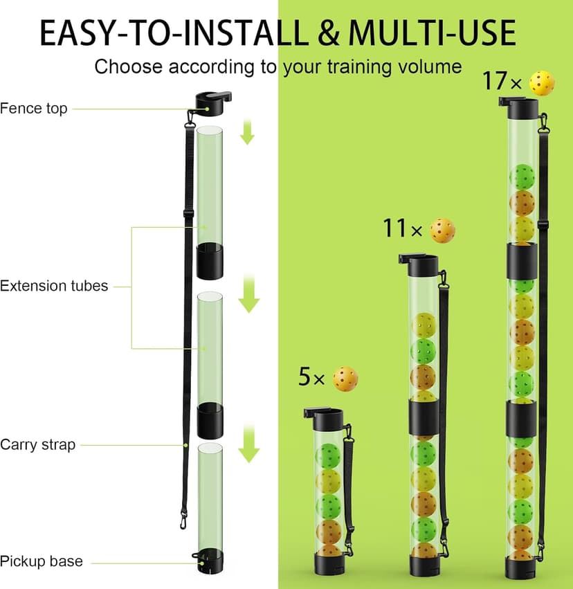 17 Balls Pickleball Ball Retriever & Ball Holder Storage with Strap, Back Saver for Pickleball Accessories, Quick for Pickleball Tube Ball Pickup