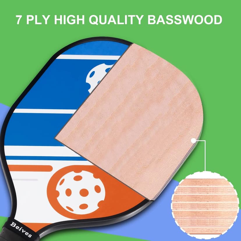 Pickleball Paddles Pickleball Set 7-ply Basswood Wooden Pickleball Rackets Set of 4 with 6 Balls and 1 Carry Bag, Pickleball Equipment for Beginner to Intermediate with Extra Edge Guard