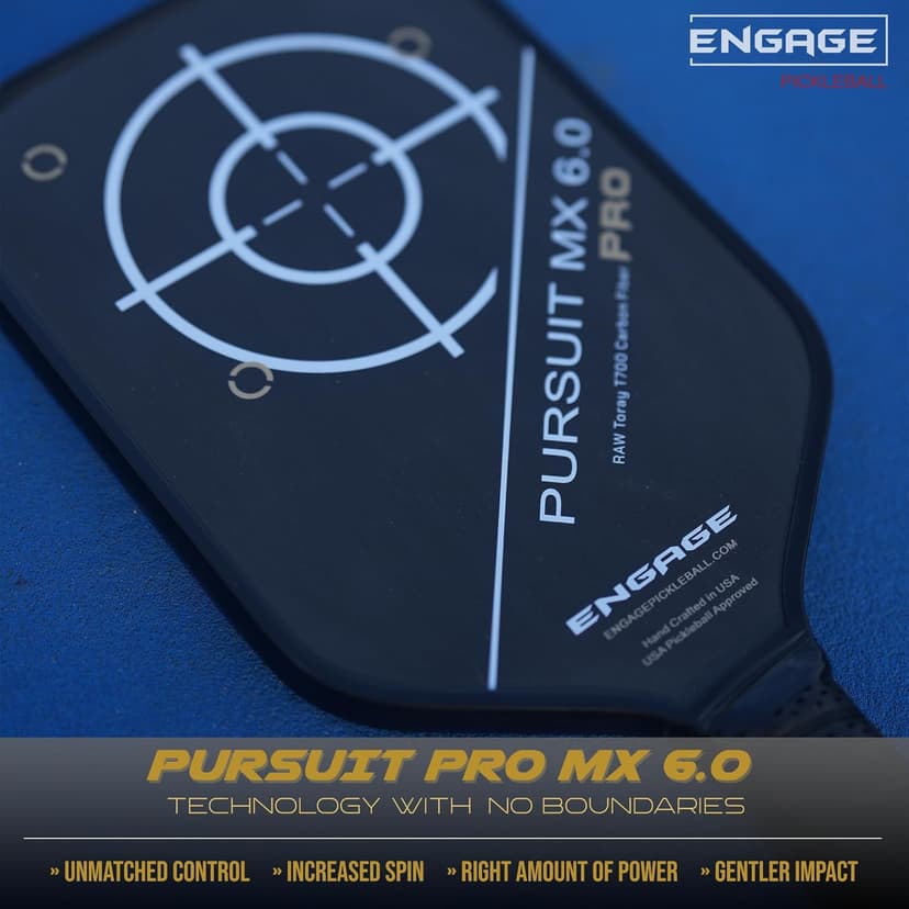 Engage Pursuit Pro MX 6.0 Pickleball Paddle – Elongated Shape, Raw T700 Toray Carbon Fiber Face, 16mm Control Pro “Black” Core