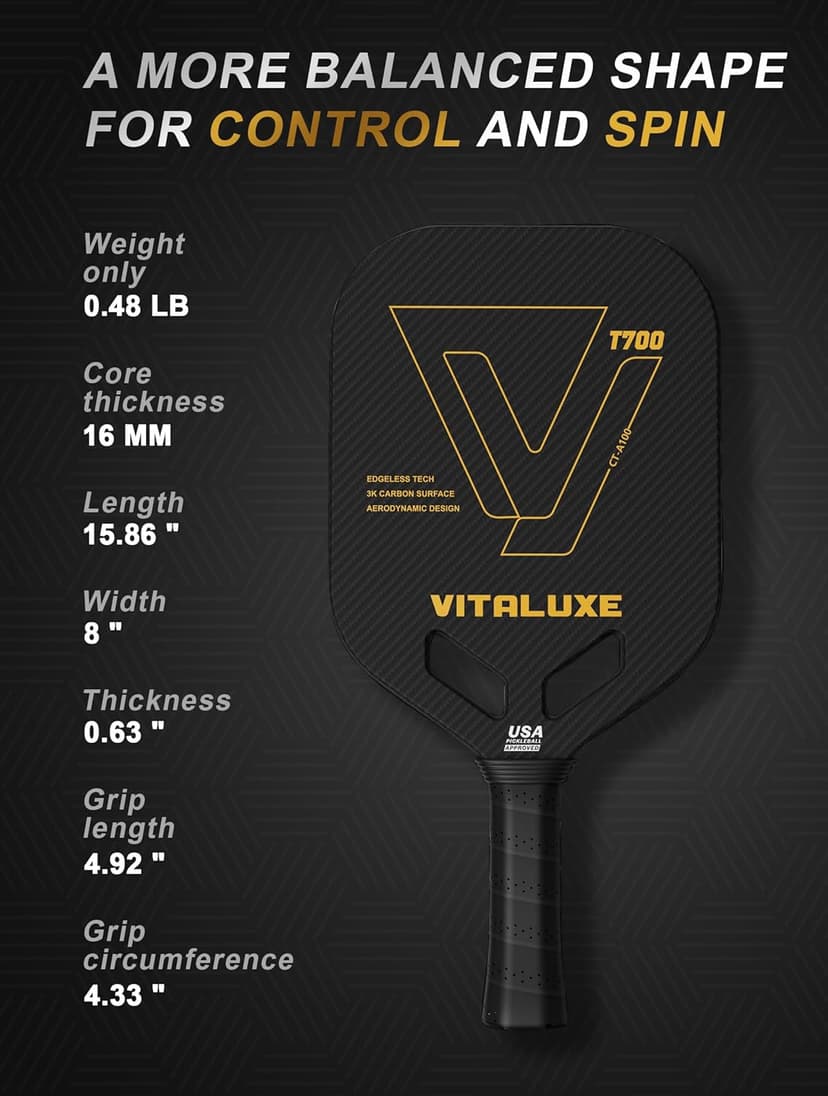 Carbon Fiber Pickleball Paddle, Edgeless T700+3K Textured Carbon Friction Surface，Thermoformed Pickleball Paddle with Aerodynamic Design Used for tournaments, Power & Control & Spin Max