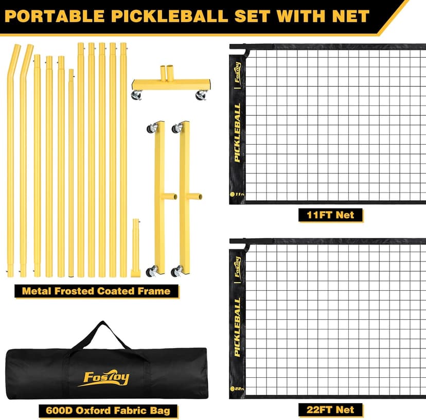 Portable Pickleball Net Set with Wheels, Regulation Size 22 FT & Half Court 11 FT, Steady Metal Frame Pickle Ball Net Set System with Carry Bag for Backyards, Driveways, and Garages