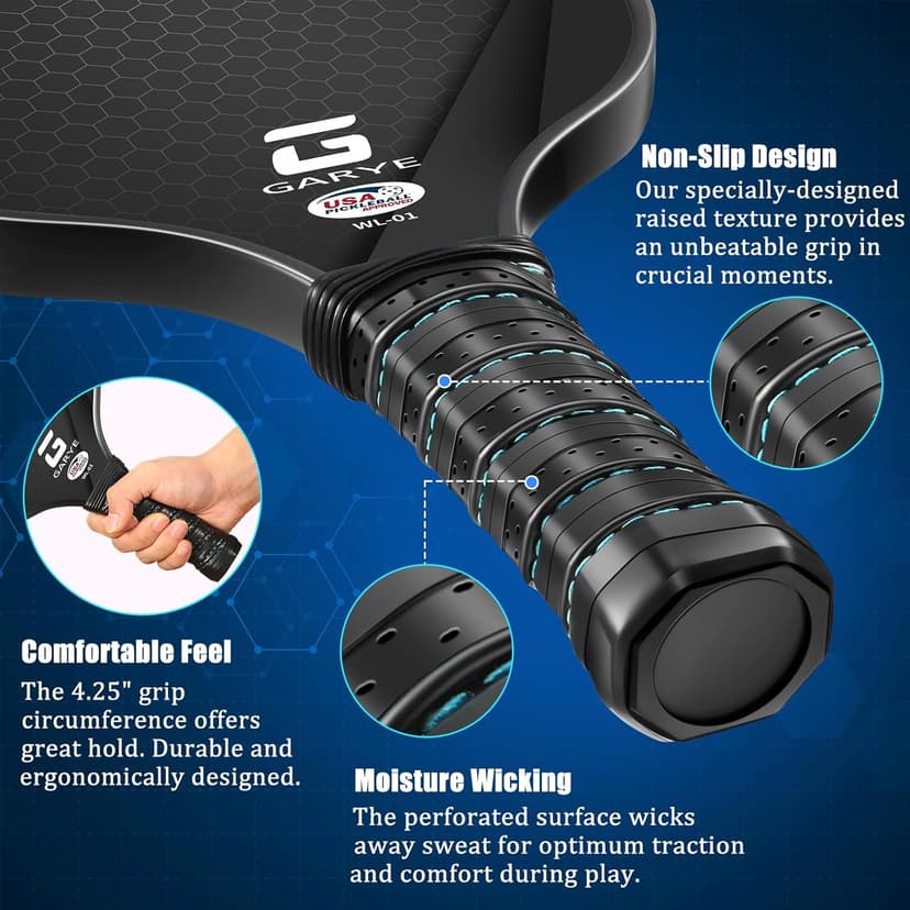 GARYE Pickleball Paddles Set of 4, Carbon Fiber Pickle Ball Paddle, USAPA Approved Lightweight Rackets 4 Pack for Adults and Teenagers, Includes 6 Balls, 1 Bag, and 4 Grip Tapes.