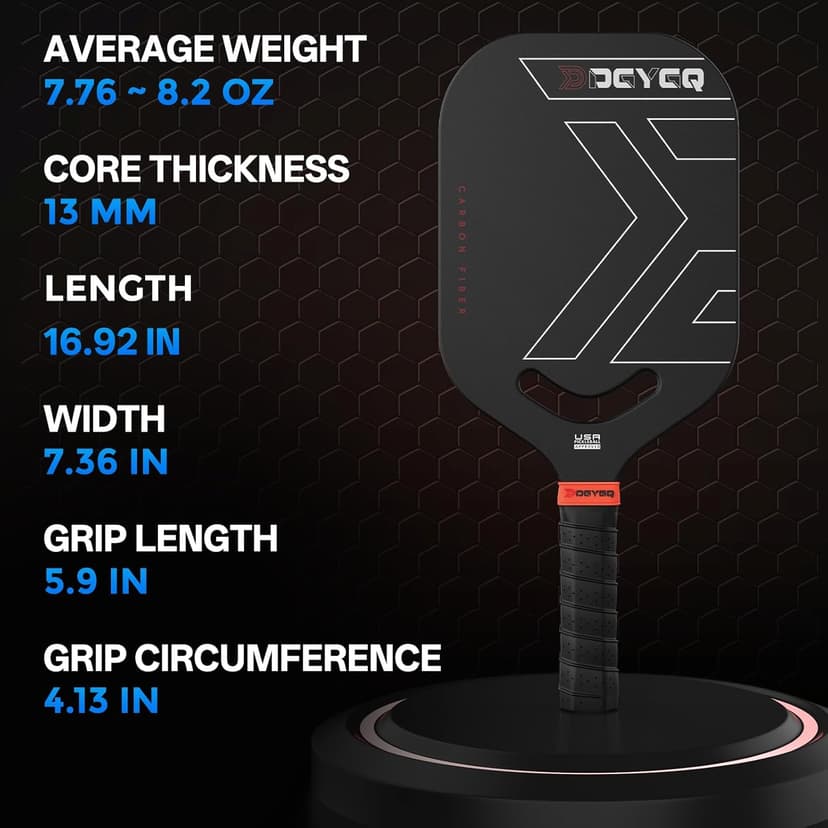Pickleball Paddles, Carbon Fiber Pickleball Paddle with a 13mm Polypropylene Honeycomb Core, Increased Power for Ultimate Spin & Consistency