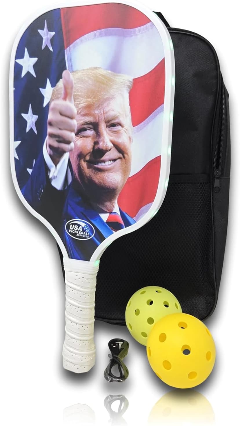 Donald Trump LED Pickleball Paddles Glow in The Dark Starter Set, Lightweight Fiberglass Honeycomb Racket, Bright Pickle Green LED Edge Lighting, Carrying Bag, Indoor Outdoor Balls