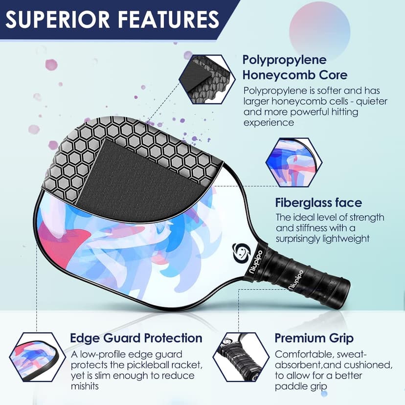 niupipo Pickleball Paddles Set of 2/4, USAPA Approved Fiberglass Surface Lightweight Pickle Ball Rackets with Honeycomb Core, 2 Indoor and 2 Outdoor Balls, 1 Carrying Bag for Beginner, Men, Women
