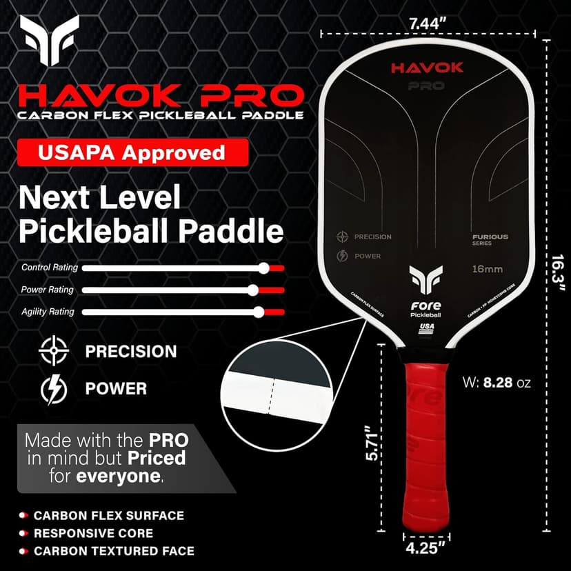 Havok Pro Pickleball Paddle: Carbon Fiber Surface for Enhanced Power, Precision and Maximum Spin - Large Sweet Spot and USAPA Approved - Red