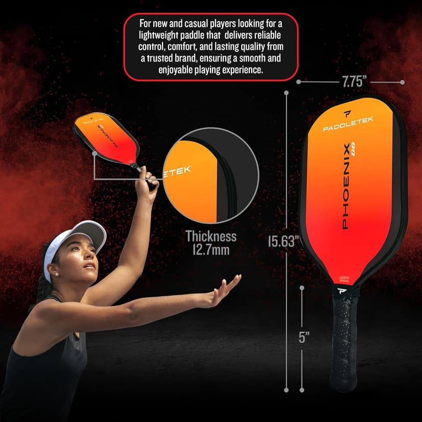 Paddletek Phoenix G6 Pickleball Paddle | Professional Pickleball Paddles with Honeycomb Core, Polycarbonate Surface, Graphite PolyCore & High Tack Performance Grip | USAPA Approved