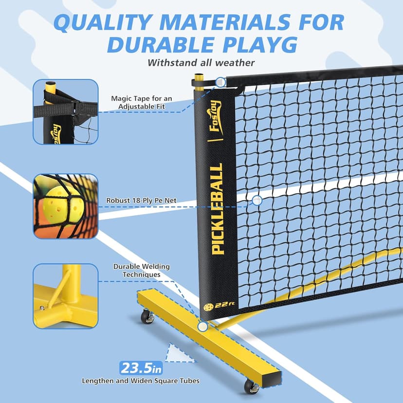 Fostoy Portable Pickleball Net with Wheels, Pickleball Set with 4 Fiberglass Paddles & 6 Pickleballs, Carry Bag, for Backyards Driveways and Garages