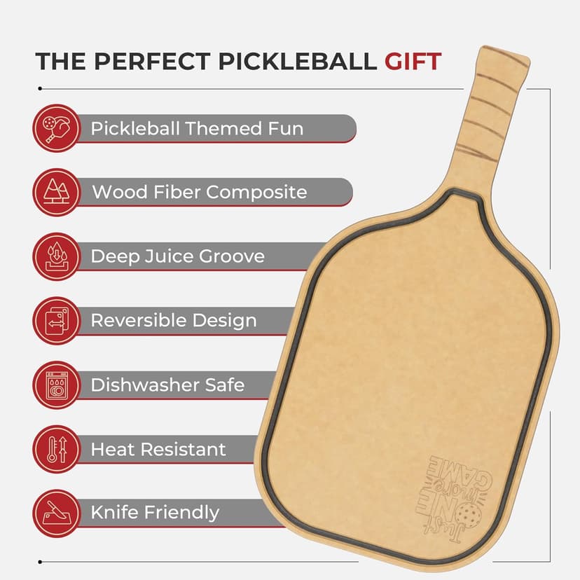 Pickleball Charcuterie & Cutting Board, Pickleball Gifts for Women Men, Wood Fiber 16 x 8.5, Paddle Shape with Handle, Dishwasher Safe, Reversible Design, Juice Groove "Just One More Game"