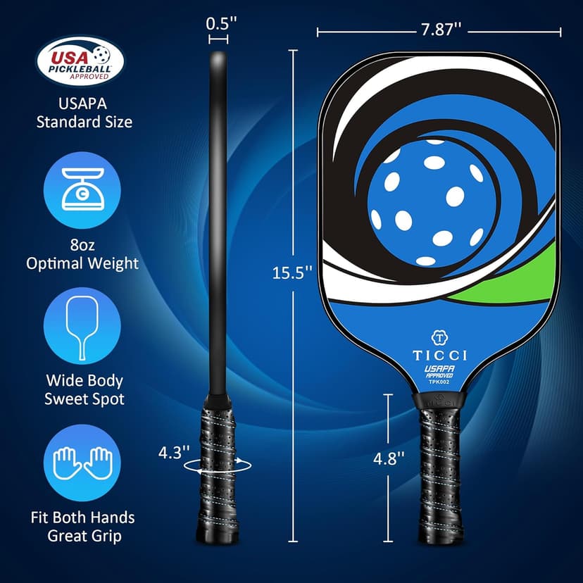 T TICCI Pickleball Paddles Set of 2, USAPA Approved Fiberglass Pickle Ball Paddles with 4 Pickleballs, Lightweight Rackets for Adults & Kids, Includes Carry Bag & Net Bag for Men, Women, Beginners,