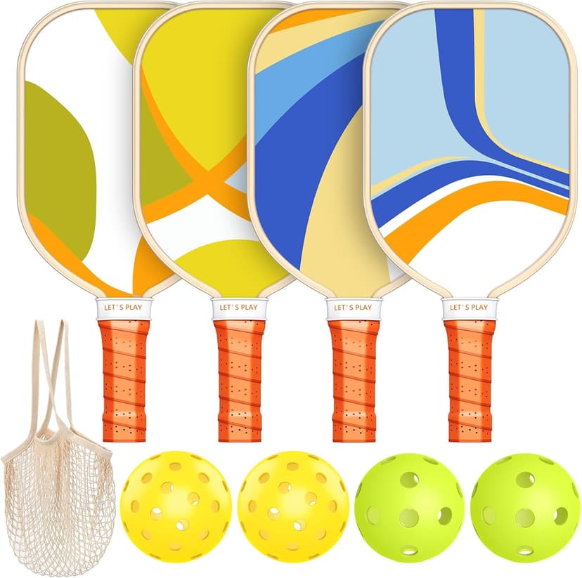 Pickleball Paddles Set of 4, Premium Wood with 4 Indoor & Outdoor Pickleball Balls and 1 Carry Bag, Pickleball Rackets with Ergonomic Cushion Grip for Beginner & Professional Gifts for Women Men Youth