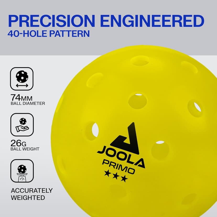 JOOLA Primo Pickleball Balls - Tournament Indoor and Outdoor Pickleball Balls - USAPA Approved - Ideally Weighted and Precision Crafted 40 Hole Design Official Size - Choose 4, 20, 100 Pack