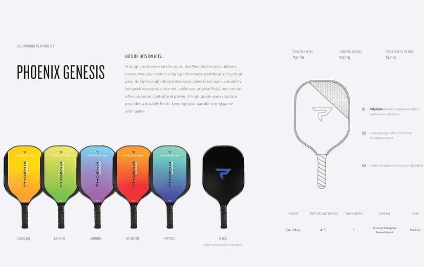 Paddletek Phoenix Genesis - Professional Pickleball Paddles with Honeycomb Core – Polycore & Fiberglass Epoxy Surface - High Tack Performance Grip – 7.4 oz to 7.8 oz – 5 Colors- USAPA Approved
