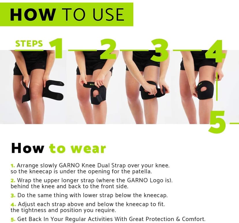 GARNO Knee Brace for Pain Relief by Meniscus Tear, MCL, Arthritis, ACL, Osgood Schlatter, Compression Patellar Tendon Support Strap for Working Out, Running, Weightlifting; Men, Women; (Large Size)