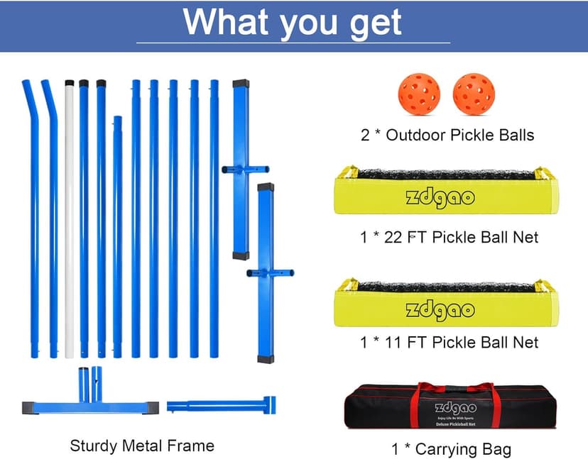 Zdgao Portable Pickleball Net for Driveway, 22 FT Regulation Size & 11 FT Half Court Size Pickle Ball Net with Pickleballs and Carry Bag, 2 in 1 Pickle Ball Net Set for Backyard