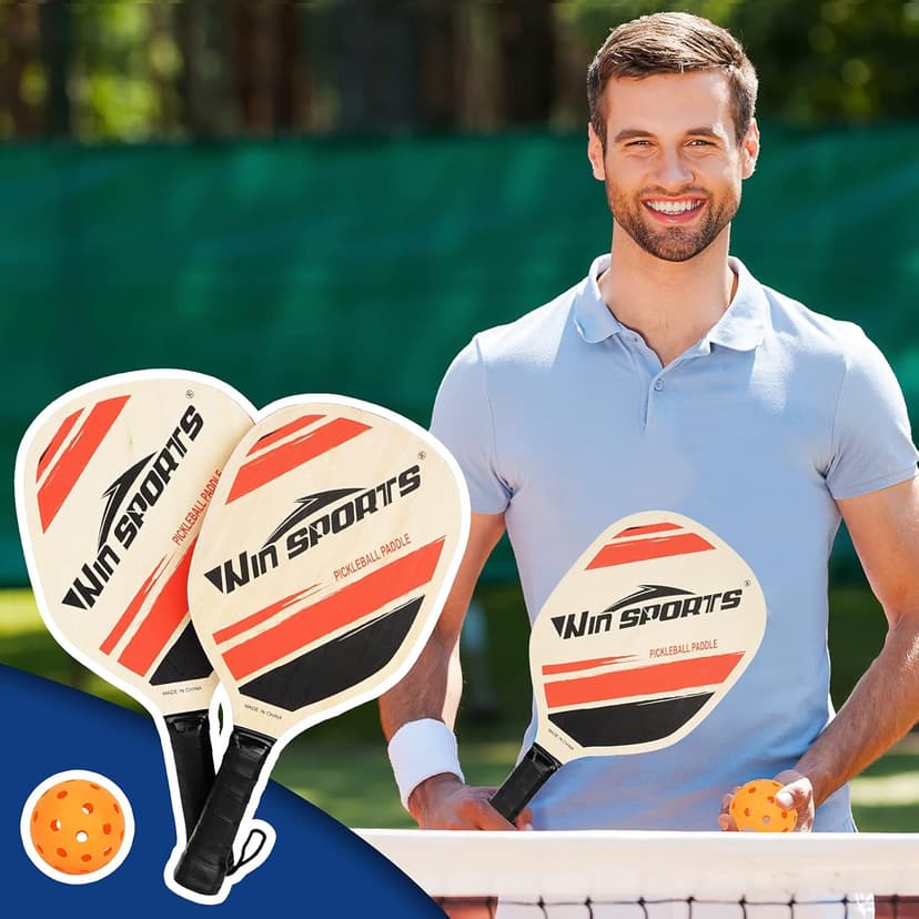 Wooden Pickleball Paddles Set 2 - Win SPORTS Beginner Racket,Pickle Ball Paddles with 2 Paddles,4 Balls and 1 Carry Bag,Durable and Classic (Choose Black and Wooden Version)