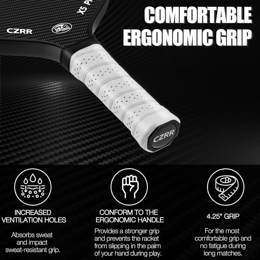 CZRR Pickleball Paddle, USA Pickleball Approved, 3K Raw Carbon Fiber Surface (CFS) High Grit & Spin, with 16MM Polypropylene Honeycomb Core, Ideal for Novice and Professional Players