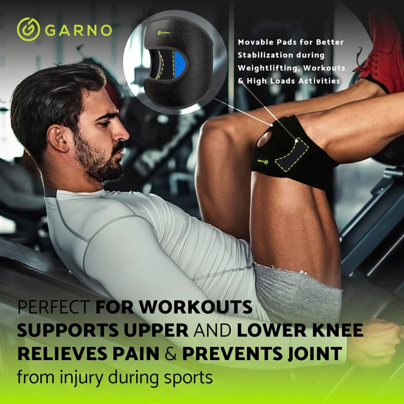 GARNO Knee Brace for Pain Relief by Meniscus Tear, MCL, Arthritis, ACL, Osgood Schlatter, Compression Patellar Tendon Support Strap for Working Out, Running, Weightlifting; Men, Women; (Large Size)