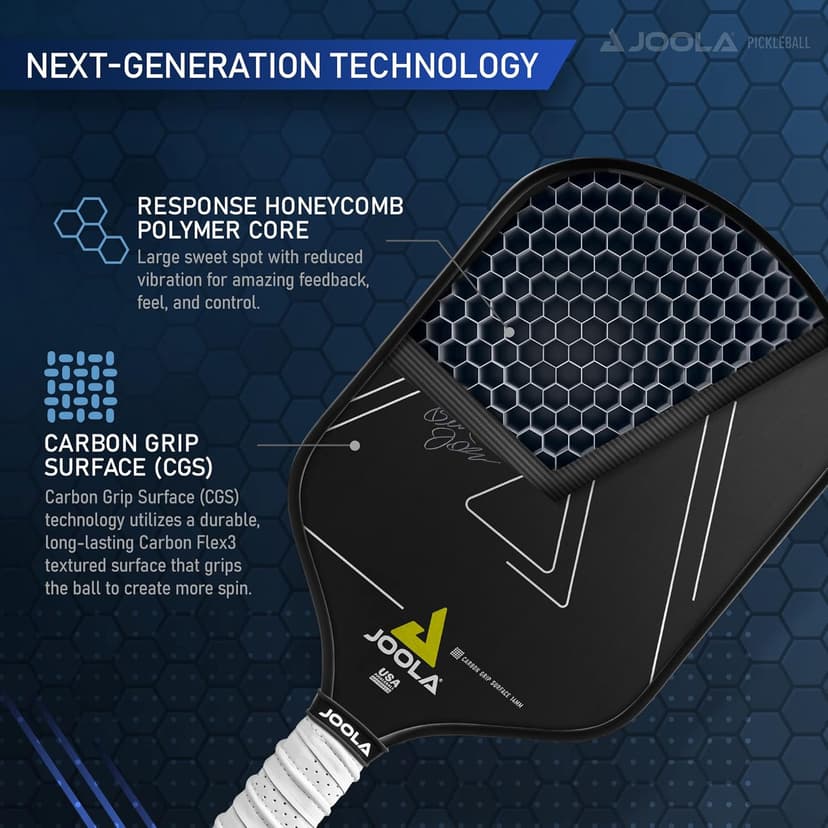 JOOLA Ben Johns Hyperion CGS Pickleball Paddle - Textured Carbon Grip Surface Technology for Spin & Control with Added Power - Polypropylene Honeycomb Core Pickleball Racket