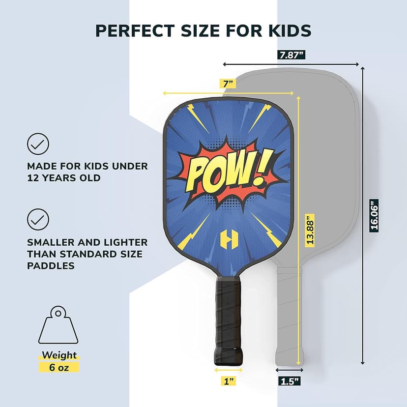 Helium Pickleball Paddle for Kids – Child Size Paddle for Children 12 and Under, Lightweight Honeycomb Core, Graphite Strike Face, Pickleball Paddle & Drawstring Bag - POW!