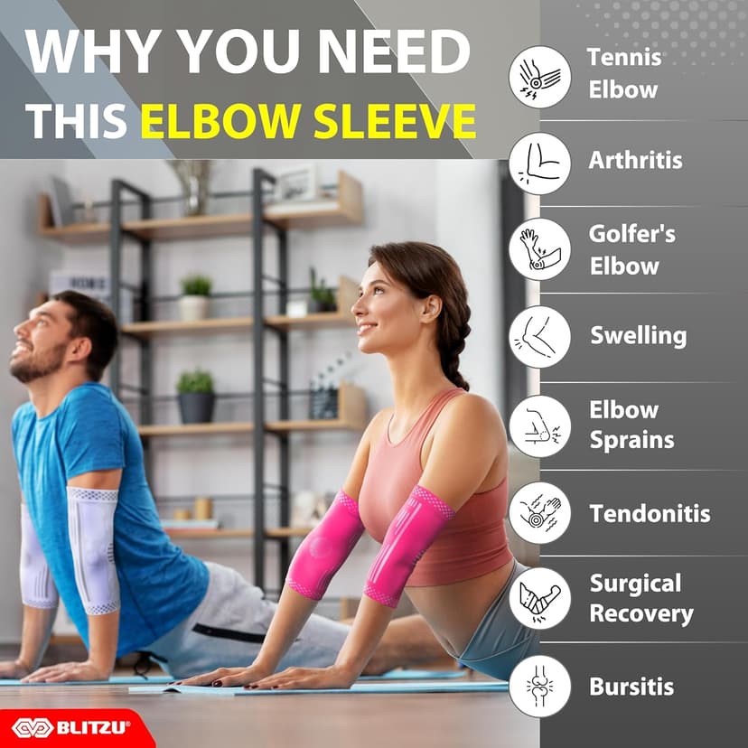 BLITZU 2 Pack Elbow Compression Sleeve, Tennis Elbow Brace Support for Golfer's, Arthritis, Bursitis & Tendonitis Treatment & Pain. Great for Gym Workout, Weightlifting. Black Large.