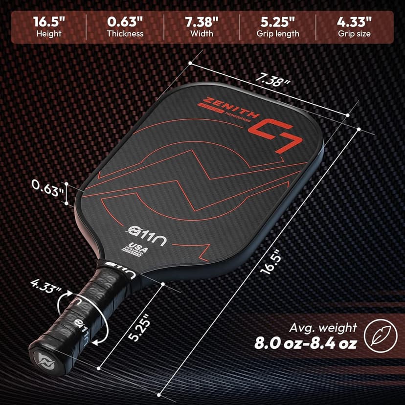 A11N Zenith Pickleball Paddle 16mm | T-700 Carbon Fiber with Foam Injected Walls | Enlarged Sweet Spot | Elongated or Wide Body Shape