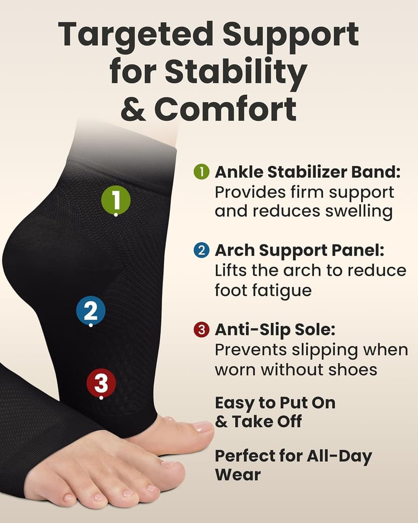 KEMFORD Ankle Compression Sleeve - Plantar Fasciitis Braces - Open Toe Compression Socks for Swelling, Sprain, Neuropathy, Foot Arch Support for Men and Women - 15-20mmhg, XL, Beige